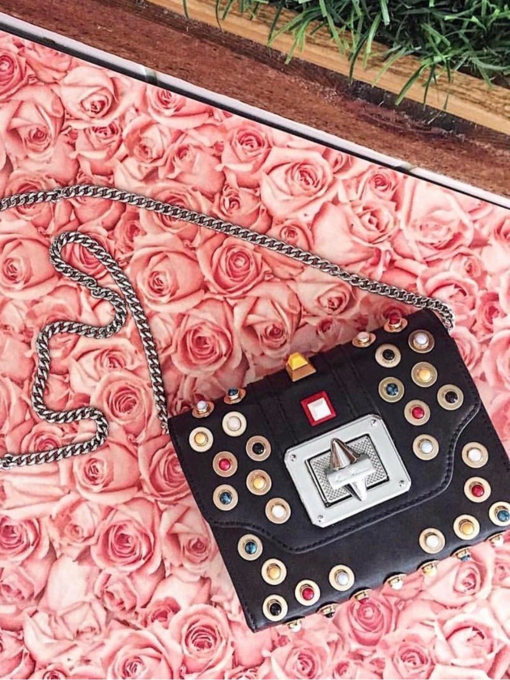 Emm Kuo Black Studded Chain Crossbody Bag with Multicolor Accents